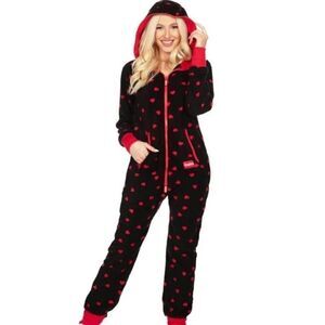 Tipsy Elves Ladies XL Hearts on Fire Hooded Zip Fleece Pajama Jumpsuit New